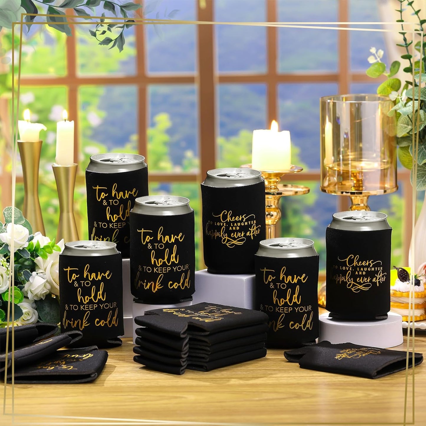 50 Pieces Black Wedding Can Cooler Sleeves Bulk Engagement Party Favors for Guests Cheers to Love Laughter Happily Ever After Rehearsal Dinner Decorations for Wedding Bridal Party