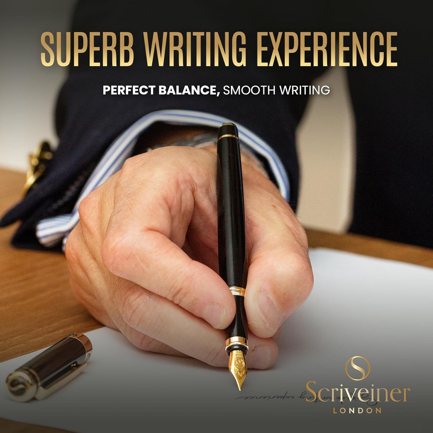Scriveiner Black Lacquer Fountain Pen - Stunning Luxury Pen, Real Gold Plating, Schmidt Gilded Nib (Fine), Best Pen Gift Set for Men & Women, Professional, Executive, Office, Nice Pens