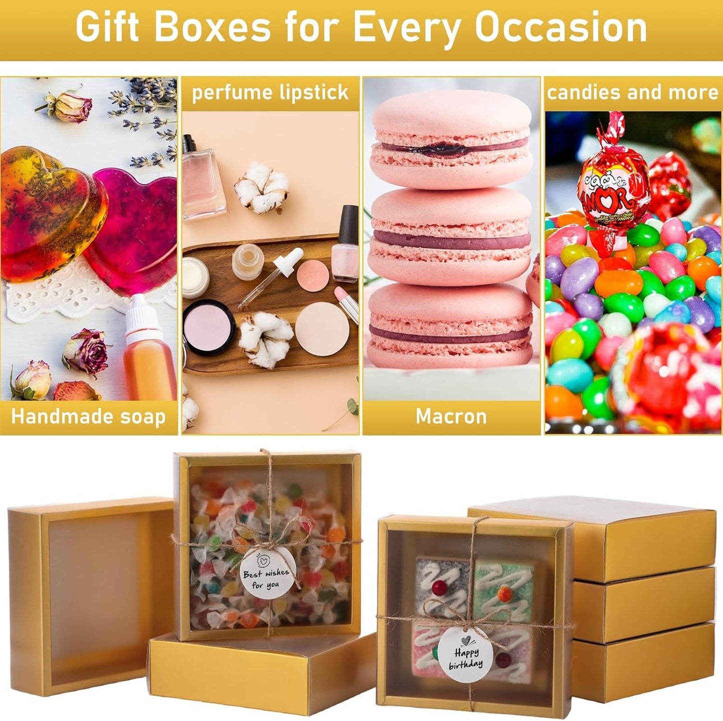 Roowest 50 Sets Kraft Soap Boxes Rectangle Packaging Box with Window Homemade Gift Box with Blank Tags and Jute String for Jewelry Candy Wrapping Party Favor(6.5 x 6.5 x 2 Inch,Gold)
