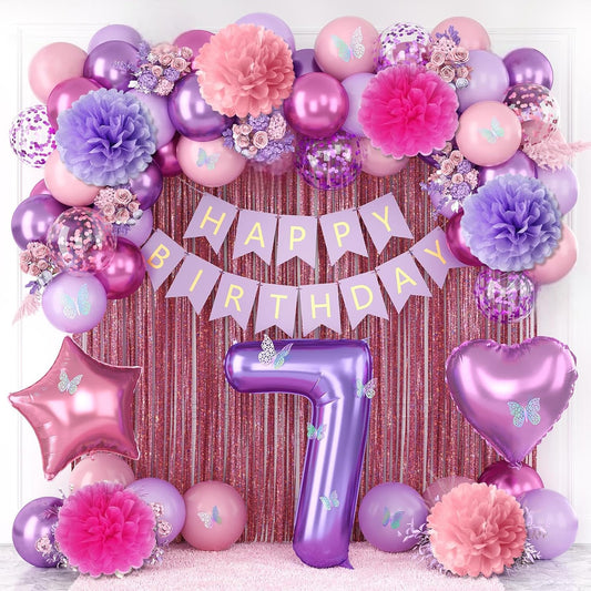 Pink Purple 7th Birthday Party Decorations for Girls Number 7 Balloon Happy Birthday Banner Butterfly Stickers Fringe Curtain Paper Pom Poms Metallic Hot Pink Star Foil Balloons 7 Year Old Princess