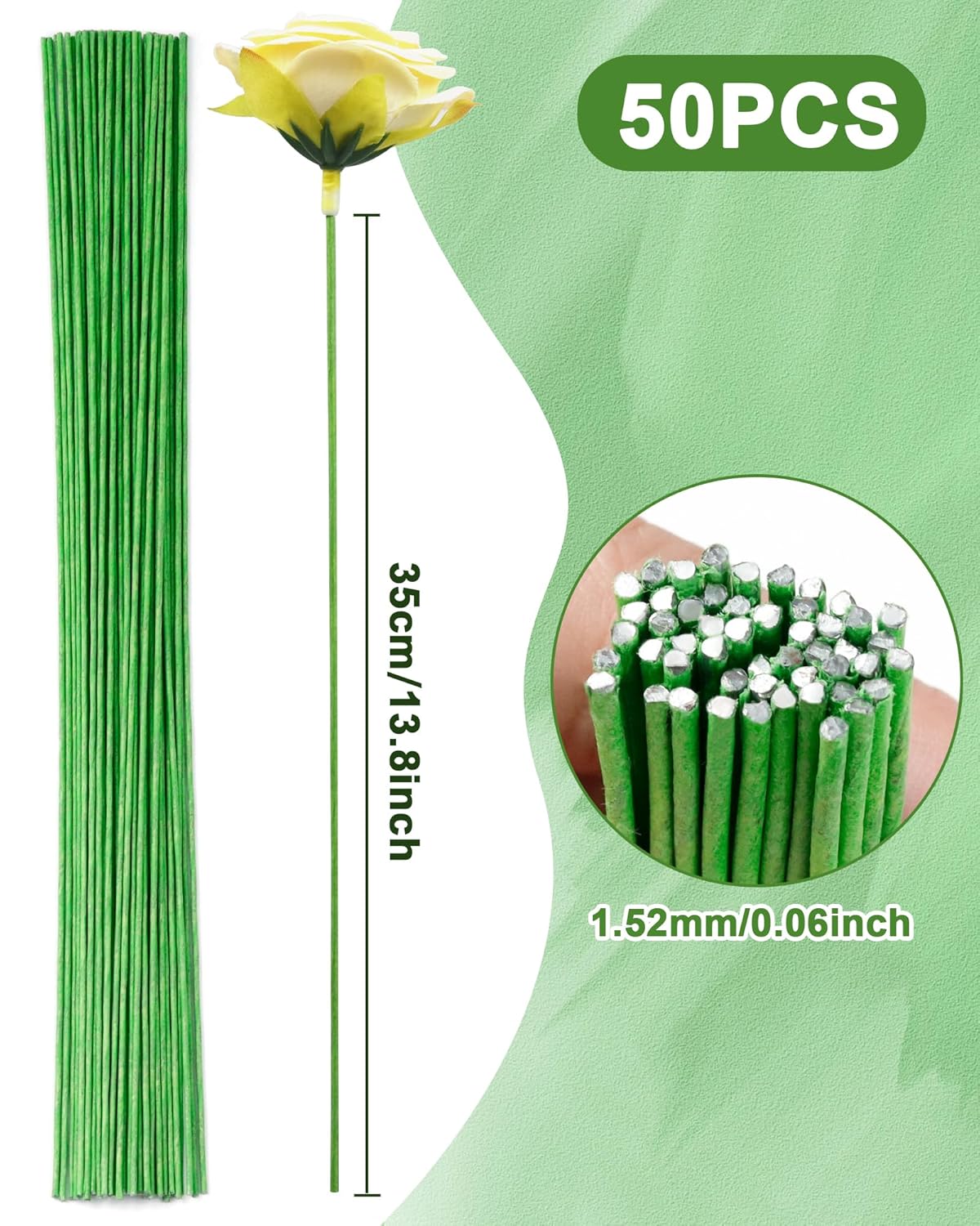 50 PCS FIVEIZERO 16 Gauge LightGreen Floral Wire Stems for Artificial Flower Making, Florist Wires for Crafts, Wreaths, Flower Arrangements and DIY Projects