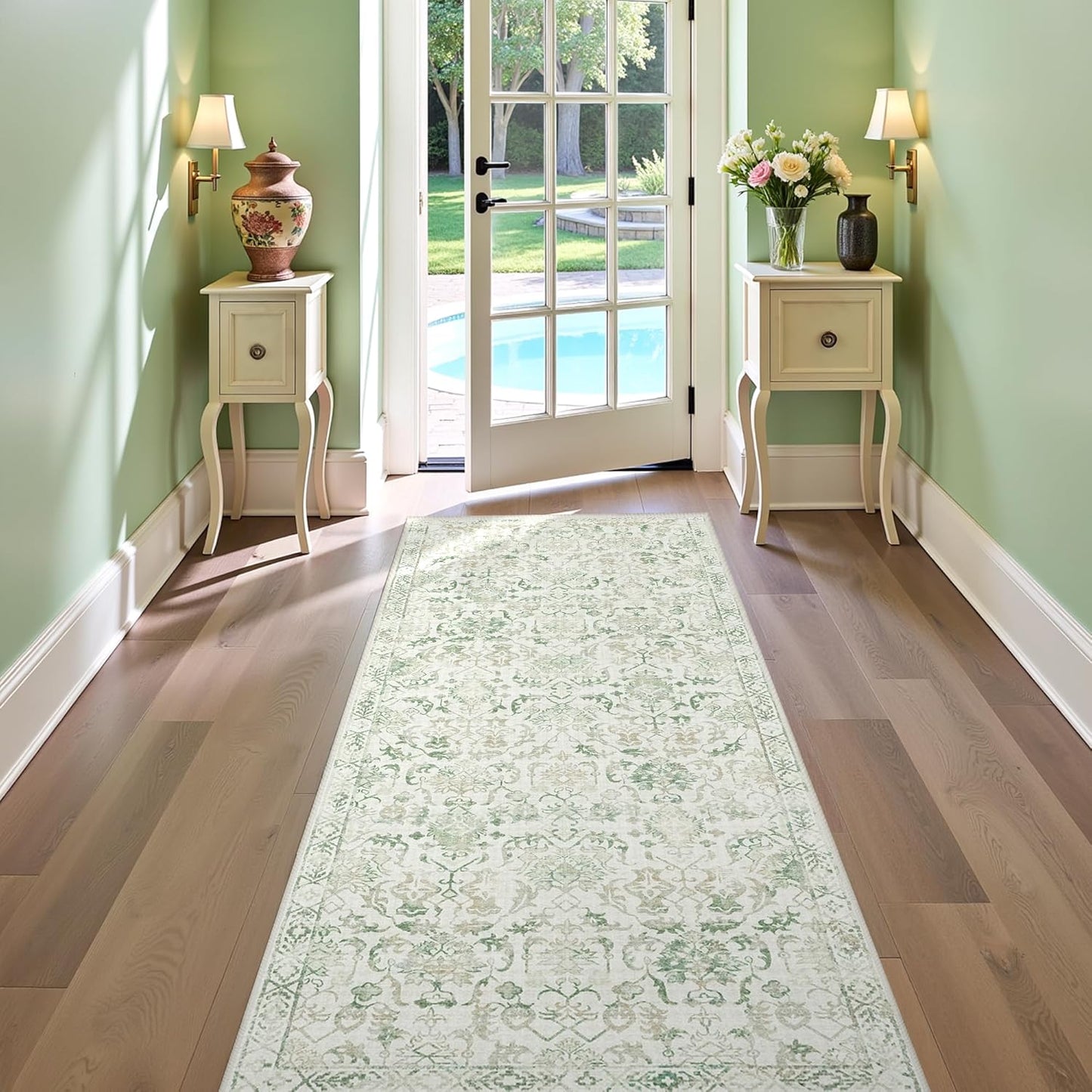 Green 3x7 Runner Rug for Hallways Bed Side Kitchen, Boho Washable Distressed Low-Pile Floor Entryway Long Bathroom Mat, Non-Slip Laundry Room Washstand Front Carpet Green 36x84 Inch