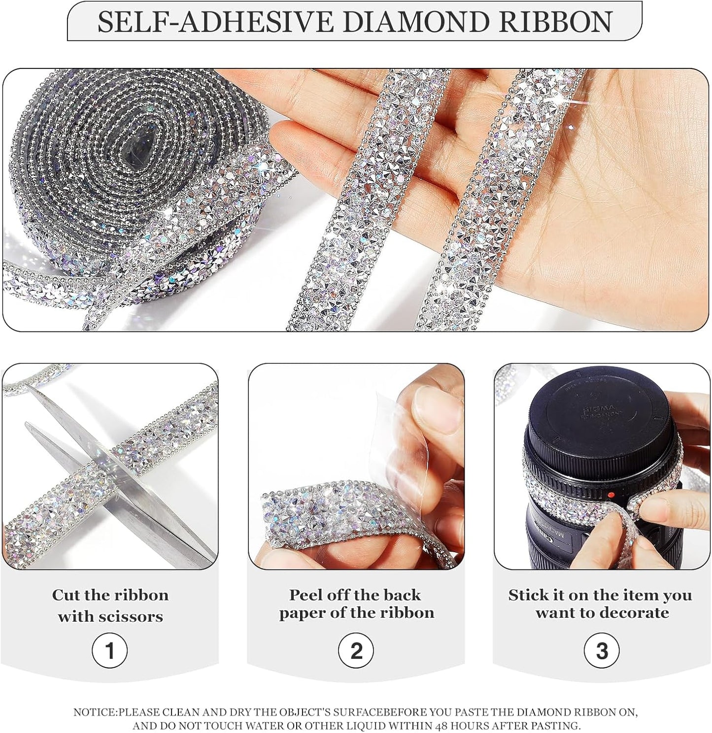 Rhinestone Ribbon 3 Yards Self Adhesive Rhinestone Strips Diamond Ribbon Sticker Crystal Roll Glitter Bling Rhinestones Tape for Crafting DIY Art Decoration (Silver AB,0.6 Inch)