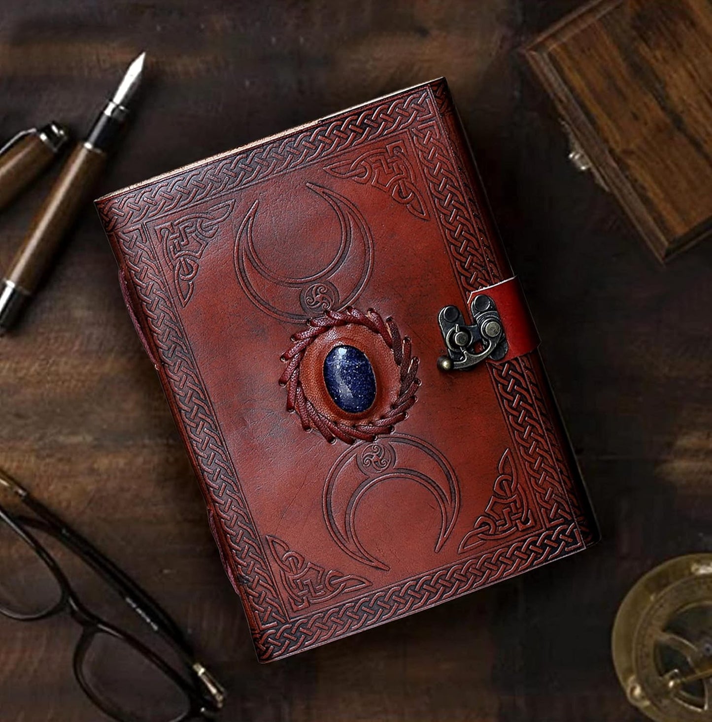 cuero 3 Moon Blue Lapiz Embossed Vintage Leather Journal for Men & Women - 128 Pages, Antique Handmade Deckle Edge Vintage Paper, Leather Journal Writing Notebook Dairy Gift (5 inch by 7 inch, Brown)