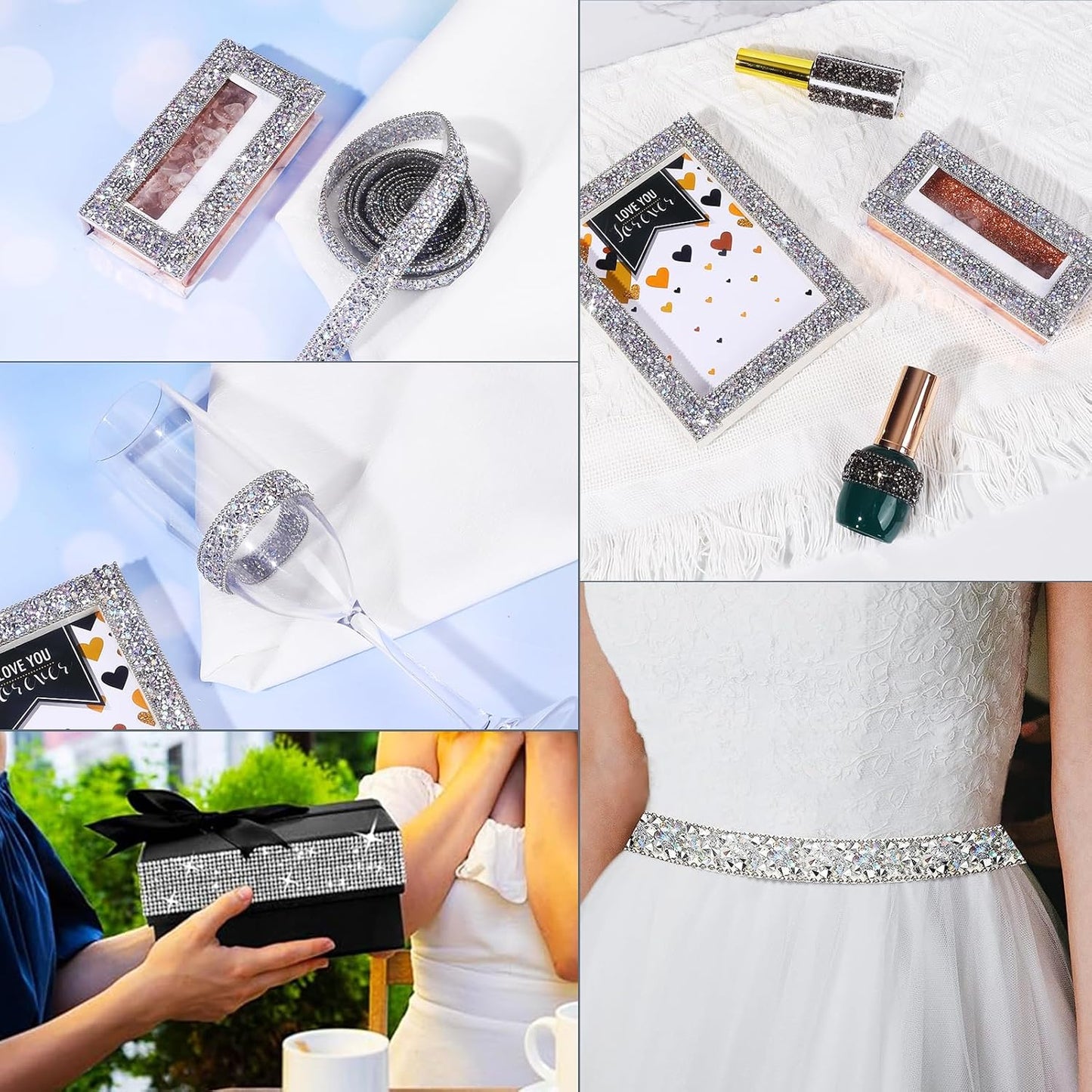 Rhinestone Ribbon 3 Yards Self Adhesive Rhinestone Strips Diamond Ribbon Sticker Crystal Roll Glitter Bling Rhinestones Tape for Crafting DIY Art Decoration (Silver AB,0.6 Inch)