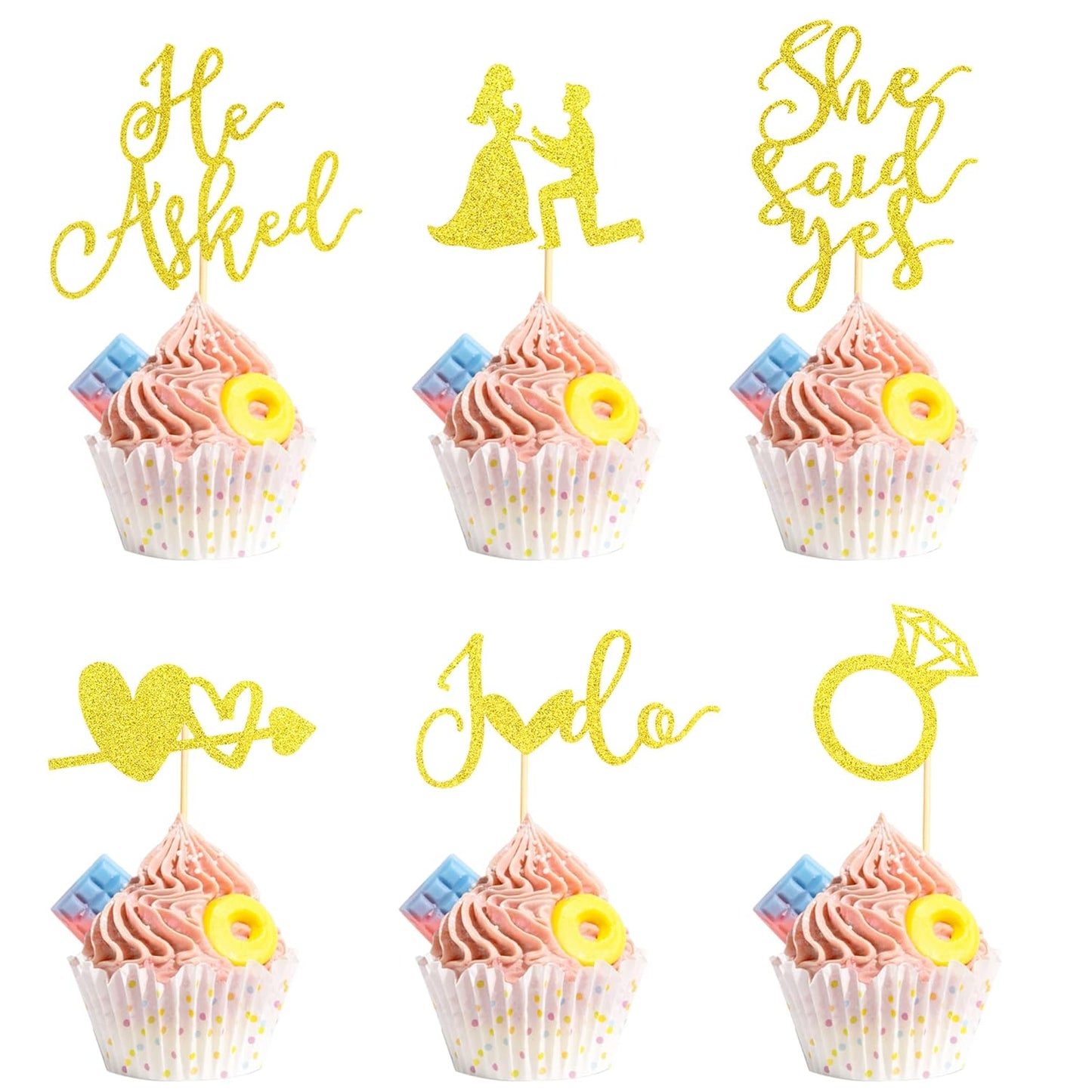24Pcs He Asked She Said Yes Cupcake Toppers Diamond Ring Heart I Do Cake Picks for Wedding Engagement Bridal Shower Party Cake Decorations - Gold Glitter