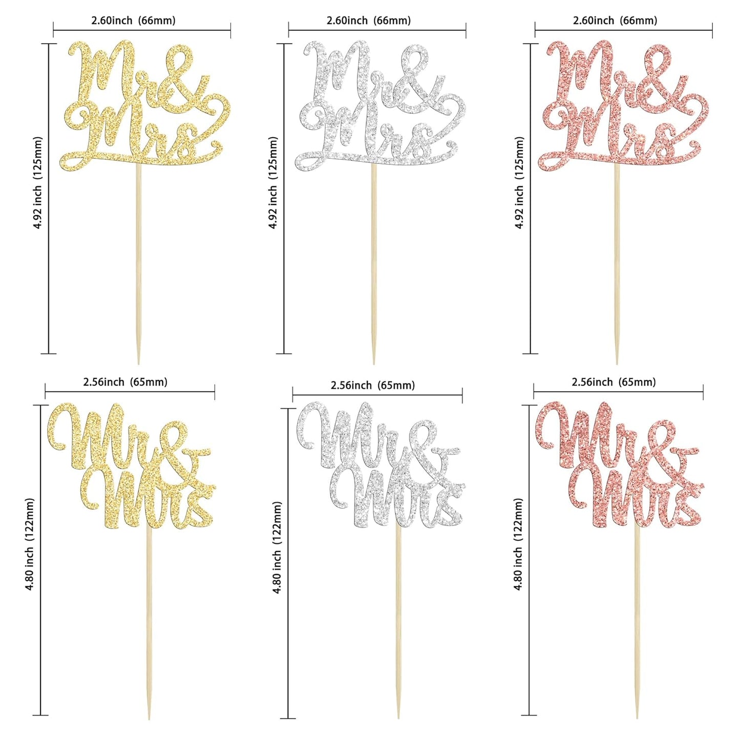 Gyufise 36Pcs Mr & Mrs Cupcake Toppers Glitter Bridal Shower Cupcake Picks for Wedding Engagement Birthday Anniversary Party Cake Decorations Supplies Colorful