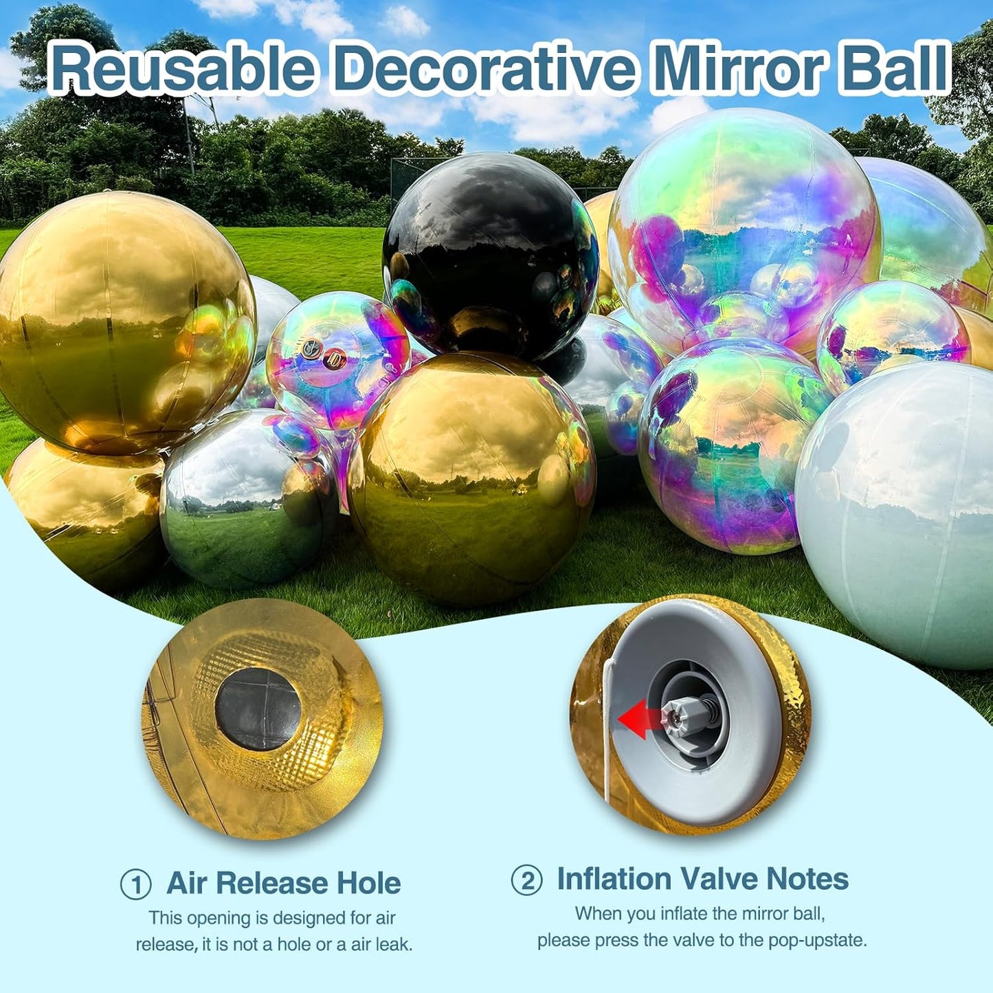 Inflatable Mirror Ball, Silver Big Shinny Balls Reusable Large PVC Disco Ball Balloon for Large Event Decoration, Party, Wedding Decor, Concerts, Stage (1 Pcs, 1.2m/47.2in Without Air Pump)