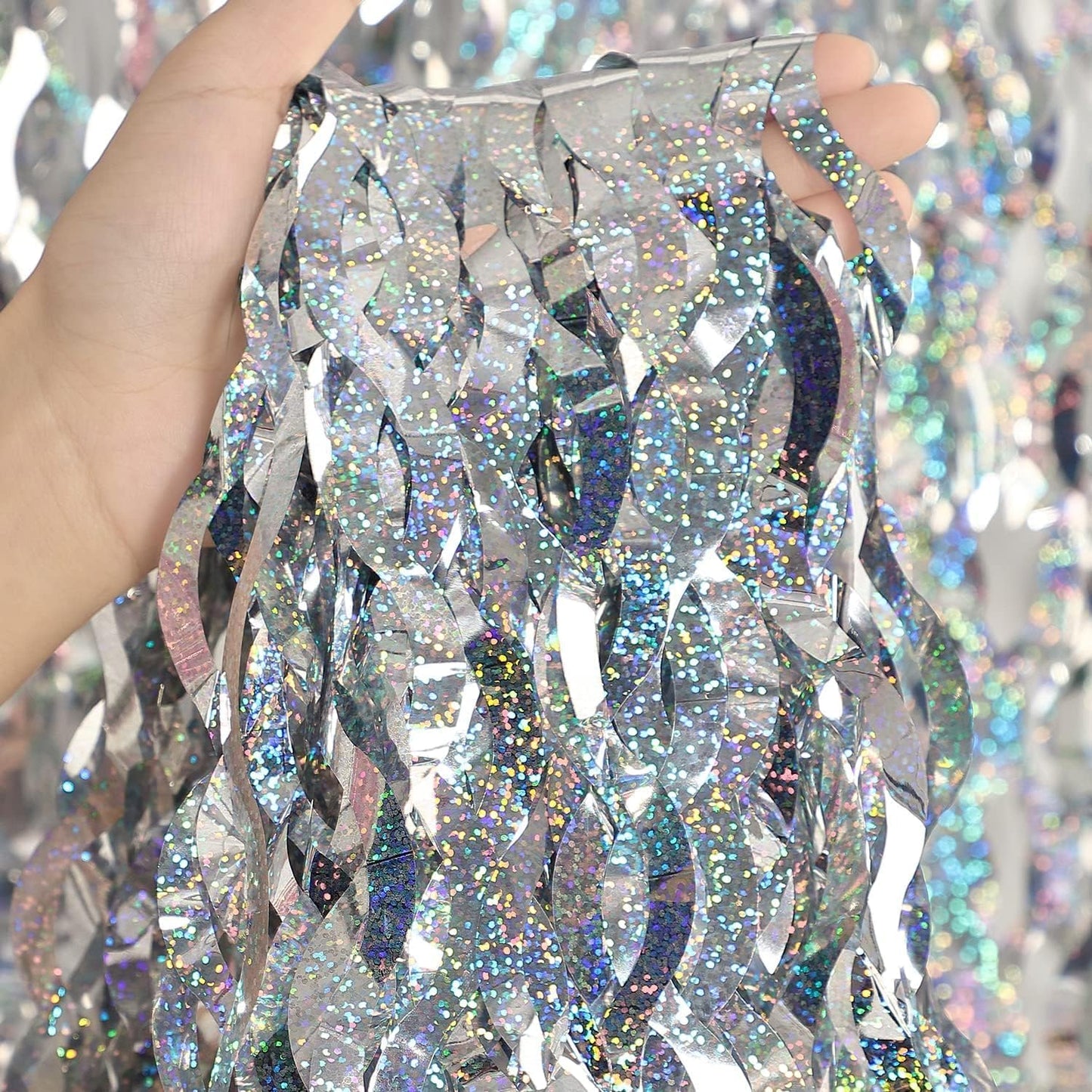 4 Pack Silver Tinsel Backdrop - CYLMFC 3.3 ft x 6.6 ft Streamer Metallic Tinsel Foil Fringe Curtains Photo Booth Props Wall Curtains for Bachelorette Birthday Party Decor