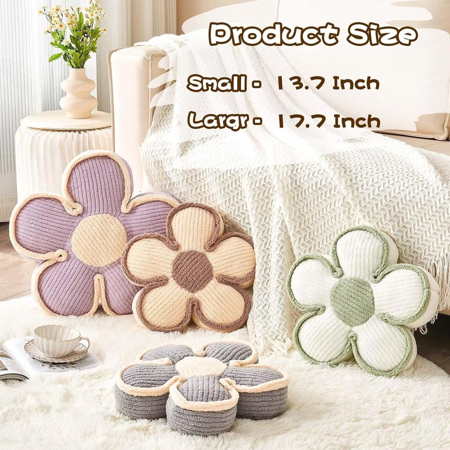 Flower Pillow - Soft Shaped Floor Cushion, Decorative Throw Pillow, Cute Seating Cushion, Room Decor Plush Pillows for Sofa Couch Bed (17.7 Inch, White)