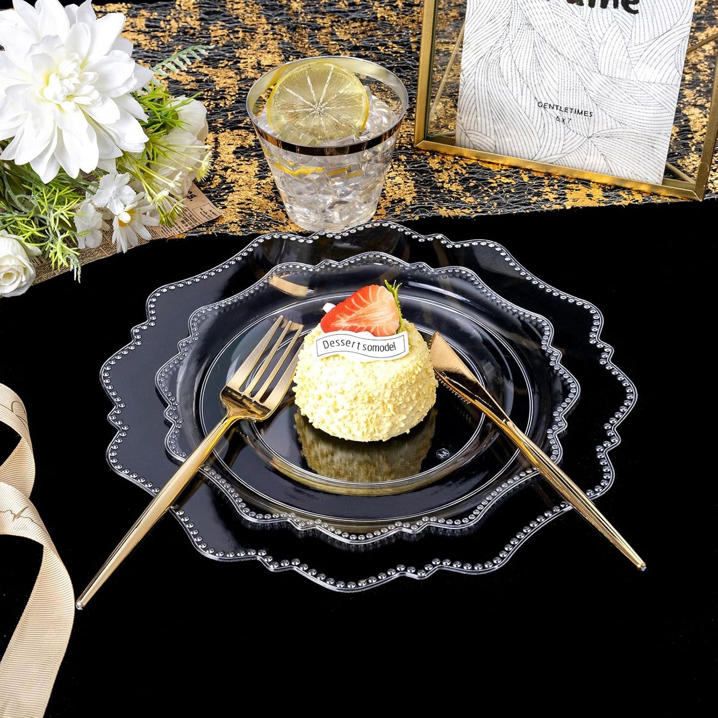 COLOSUS 350pcs Clear Plastic Plates Disposable Gold Cutlery Dinnerware set for party: 50 Dinner Plate, 50 Dessert Plate, 50 Per Rolled Napkins with Gold Silverware, 50 Cups 9 OZ for Wedding & Party