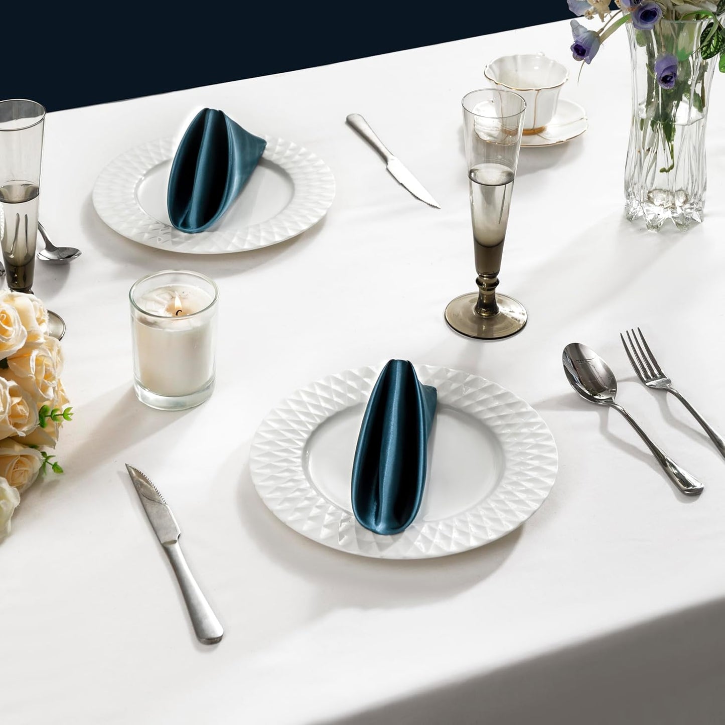 36 Pack Square Satin Dinner Napkins, 16x16 Inches Silky Soft Smooth Table Cloth Napkins for Restaurant Weddings Banquet Party Decoration, Deep Sea Blue