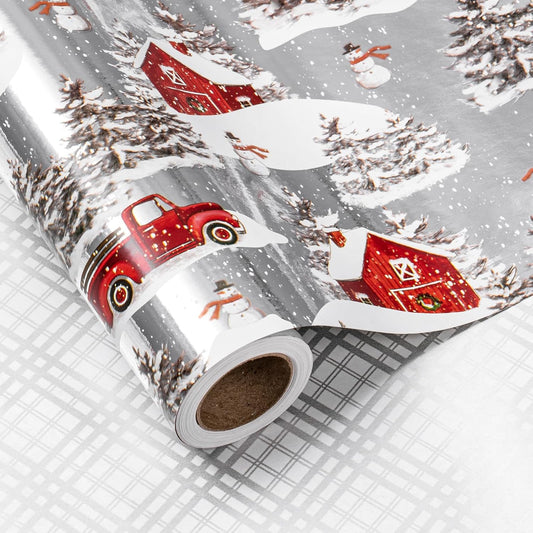 LeZakaa Christmas Silver Wrapping Paper Jumbo Roll for Boy Kid, Red Truck, Snowy Pine Forest & Grid Plaid, Silver Foil Reversible Design for Winter Holiday Family Gathering, 30 inches x 32.8 Feet
