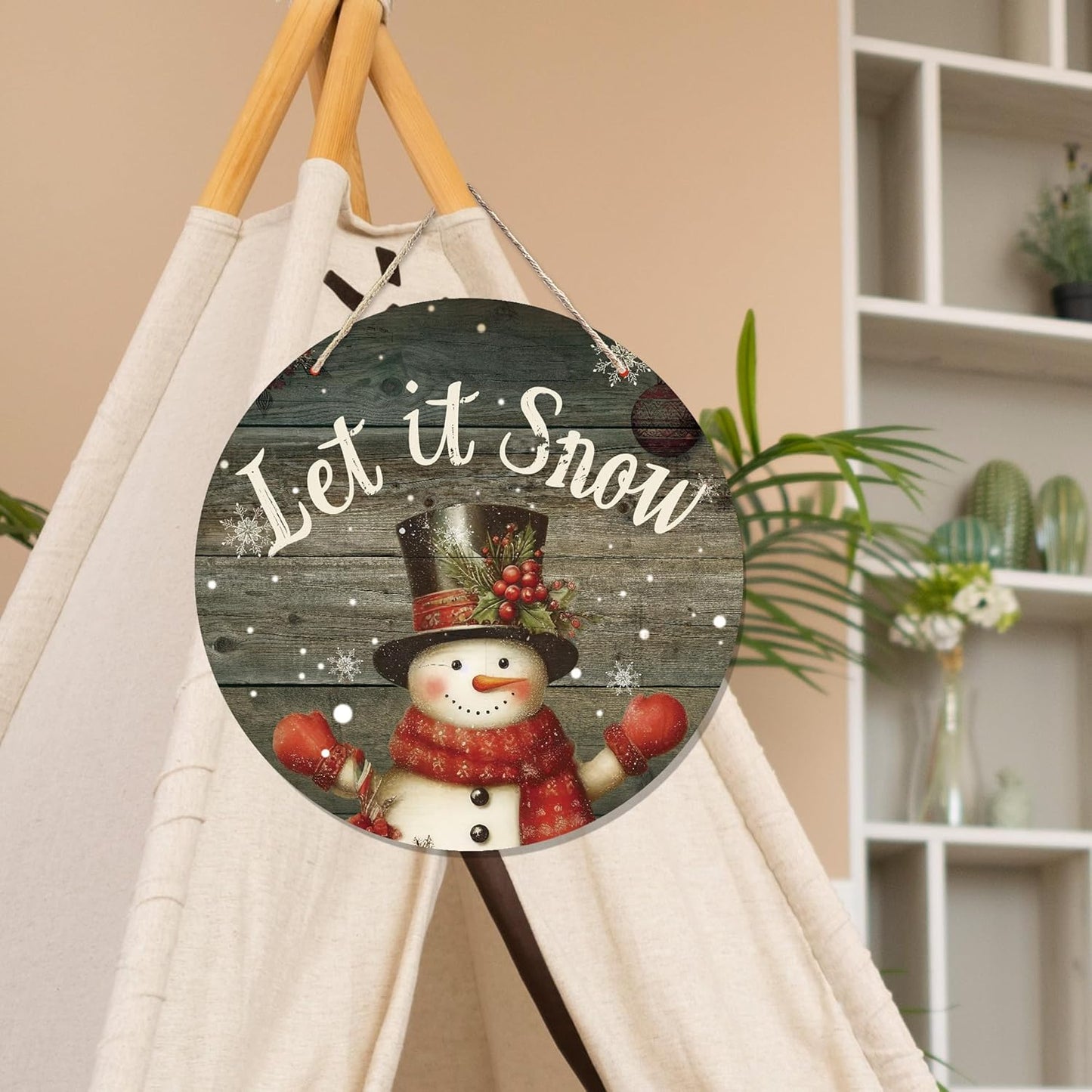 CGBHW Winter Wooden Sign, Vintage Snowy Snowman Hanging Sign Wall Decor for Room Home, Rustic Winter Snowflakes Christmas Holiday Let it Snow Door Decor 12 x 6 Inch