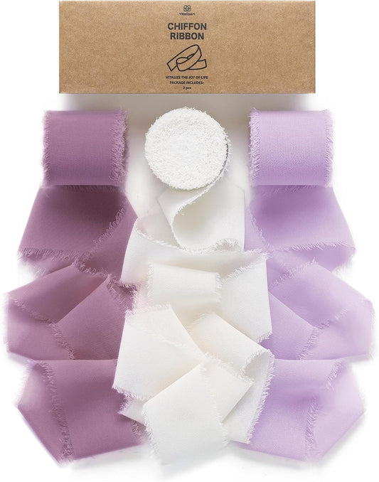 Vitalizart Chiffon Silk Ribbon Handmade Fringe 1.5" x 21 Yd Lavender Light Purple Lilac Frayed Edges Ribbons for Wedding Invitations Bridal Bouquets Gifts Wrapping Crafts Holiday Party Decorations