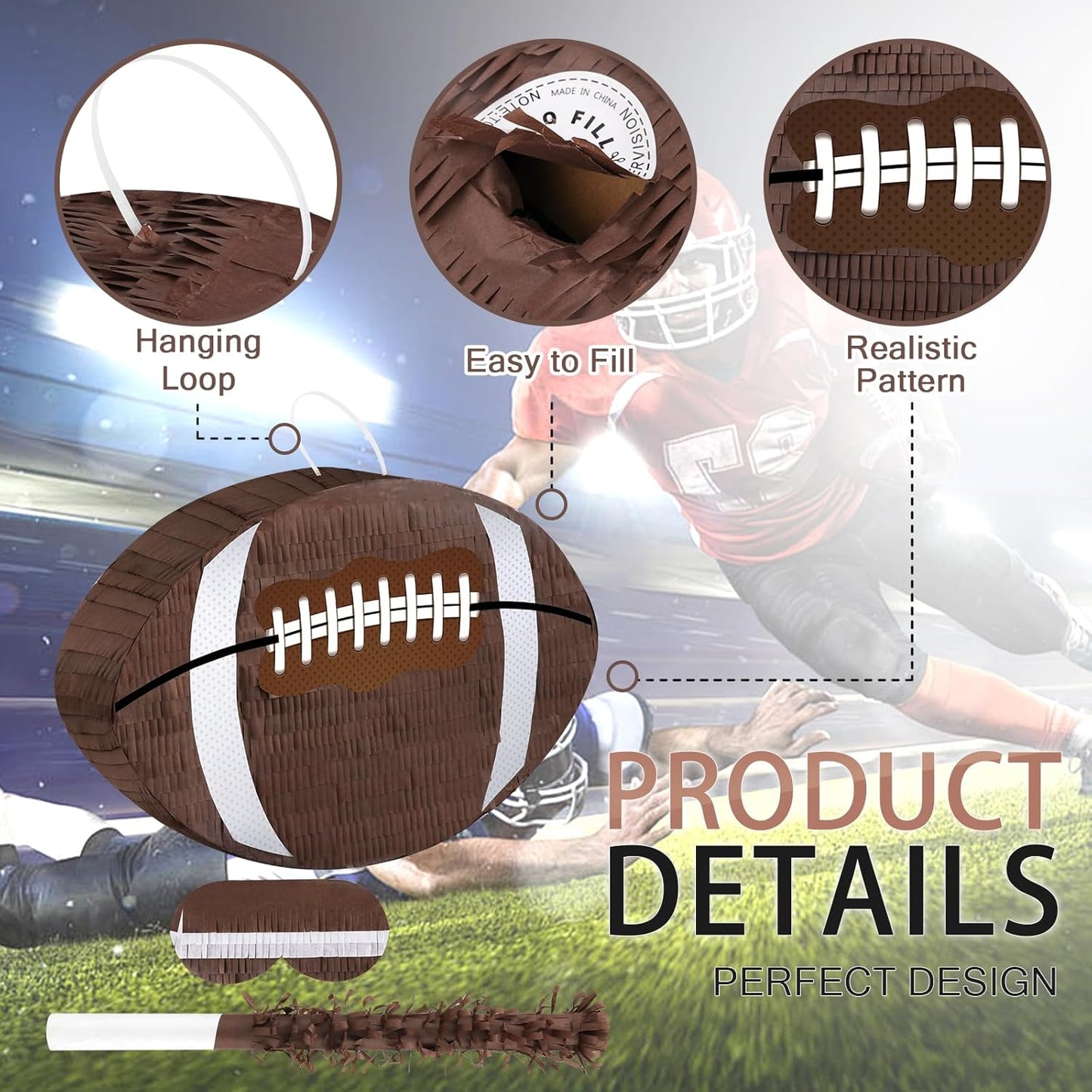 Football Pinata with Pinata Stick & Hanging Football Party Decorations Footballs Games for Boys 8-12 Kids Footballs Toys Sport Themed Birthday Party Supplies