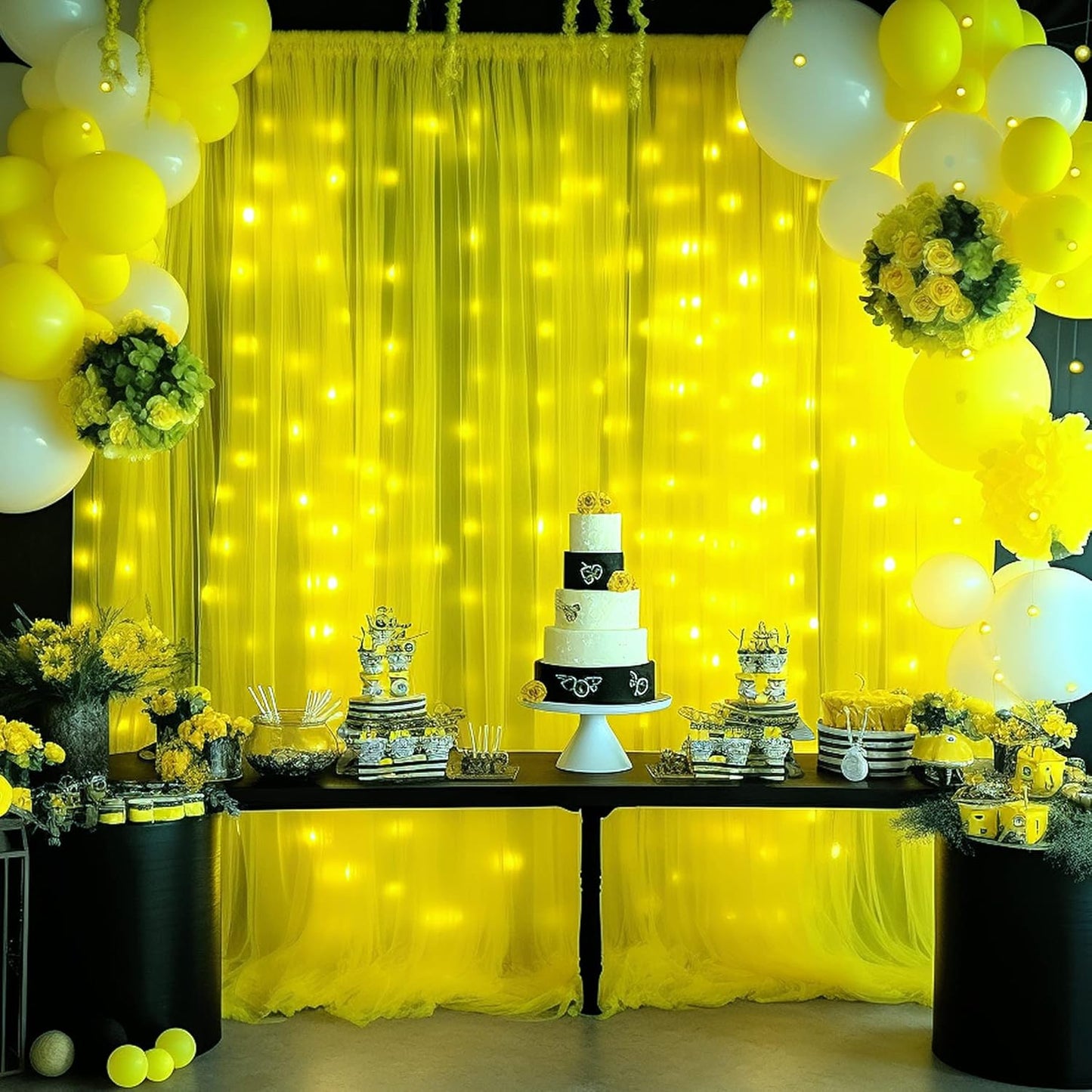Yellow Tulle Backdrop Curtains with Lights String for Birthday Party Photoshoot 10ft × 8ft Sheer Backdrop Curtains for Baby Shower Wedding Background Decorations 2 Panels 5×8ft