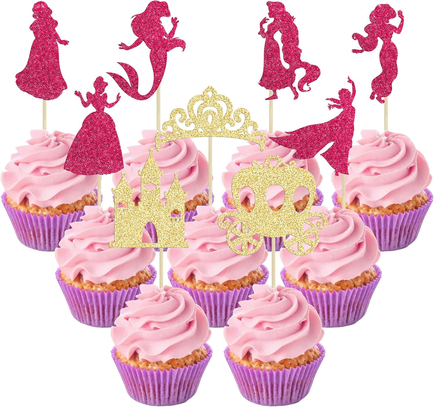 Gyufise 36Pcs Princess Cupcake Toppers Glitter Mermaid Girl Castle High Heel Crown Cupcake Picks Princess Theme Baby Shower Girls Birthday Party Cake Decorations Rose Red