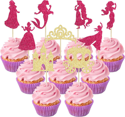 Gyufise 36Pcs Princess Cupcake Toppers Glitter Mermaid Girl Castle High Heel Crown Cupcake Picks Princess Theme Baby Shower Girls Birthday Party Cake Decorations Rose Red