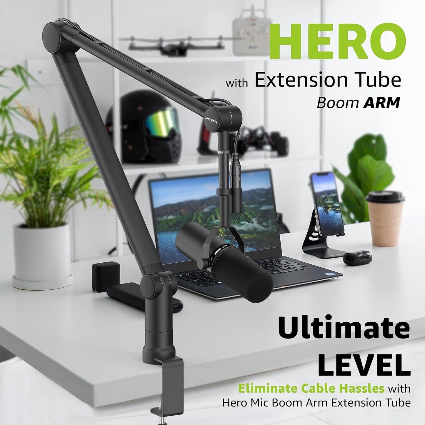IXTECH Boom Arm Mic Stand with Extension Tube Upgraded Microphone Arm for Shure SM7B MV7 Blue Yeti Sturdy Stainless Steel Mic Arm Desk Stand Foldable Scissor Arm Microphone Mount for Podcast Gaming