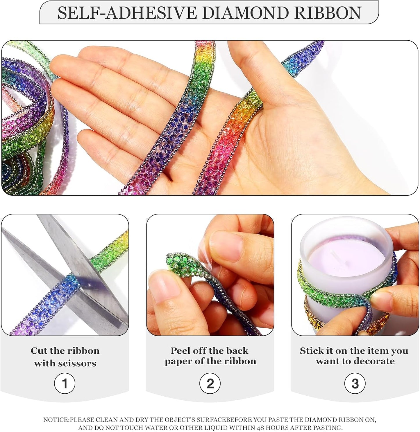 Rhinestone Ribbon 3 Yards Self Adhesive Rhinestone Strips Diamond Ribbon Sticker Crystal Roll Glitter Bling Rhinestones Tape for Crafting DIY Art Decoration (Rainbow,0.4 Inch)