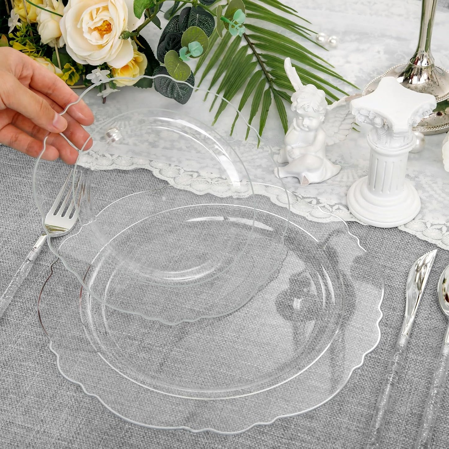 Liacere 150PCS Clear Silver Plastic Plates & Disposable Silver Plastic Silverware with Glitter Bamboo Handle Cutlery-Baroque Clear Disposable Plates for Wedding & Easter day & Mother's Day