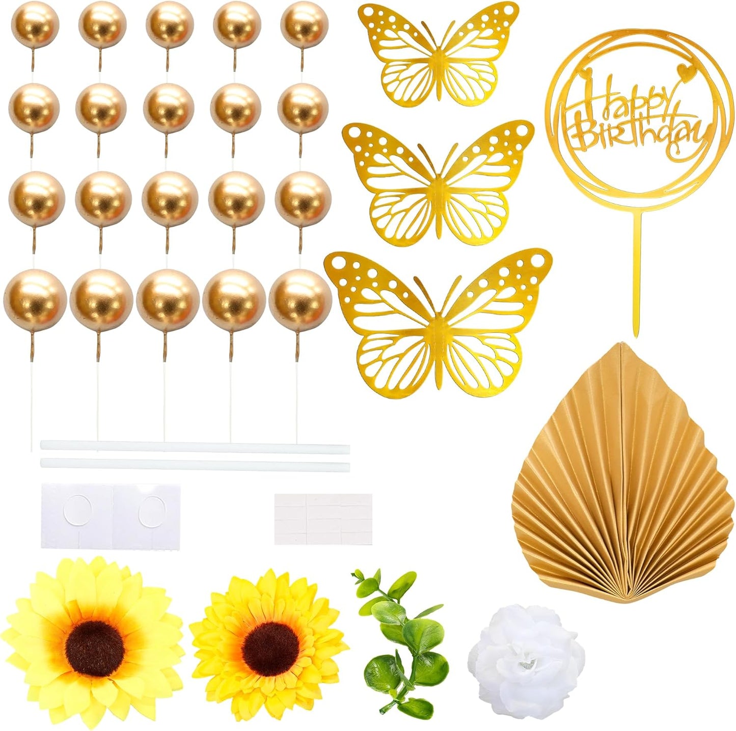 Gyufise 54Pcs Artificial Sunflower Cake Decorations Acrylic Happy Birthday Cake Topper Butterfly Balloon Cake Toppers for DIY Wedding Birthday Valentine's Day Party Supplies Yellow