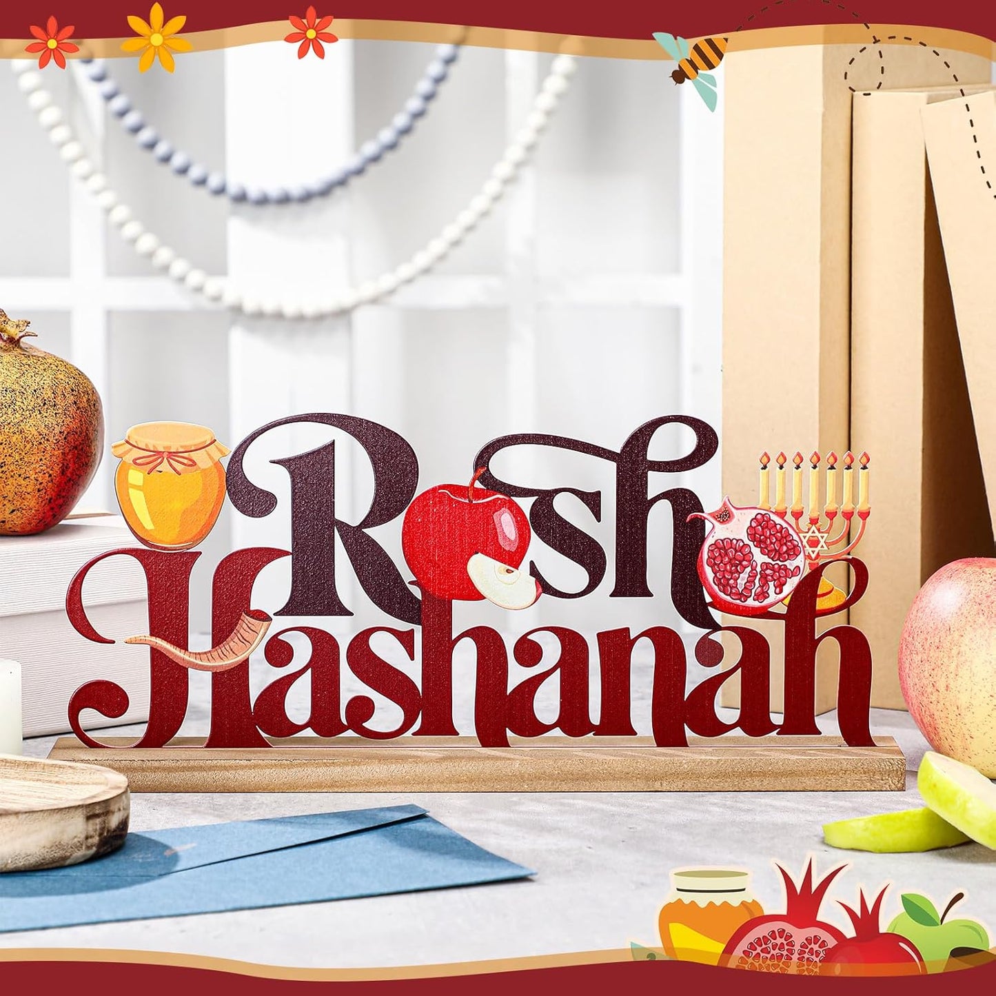 Rosh Hashanah Metal Sign Jewish New Year Table Centerpiece Tiered Tray Decor with Wooden Base Apple Pomegranate Decor for Home Tabletop Centerpiece Mantel Shelf Fireplace