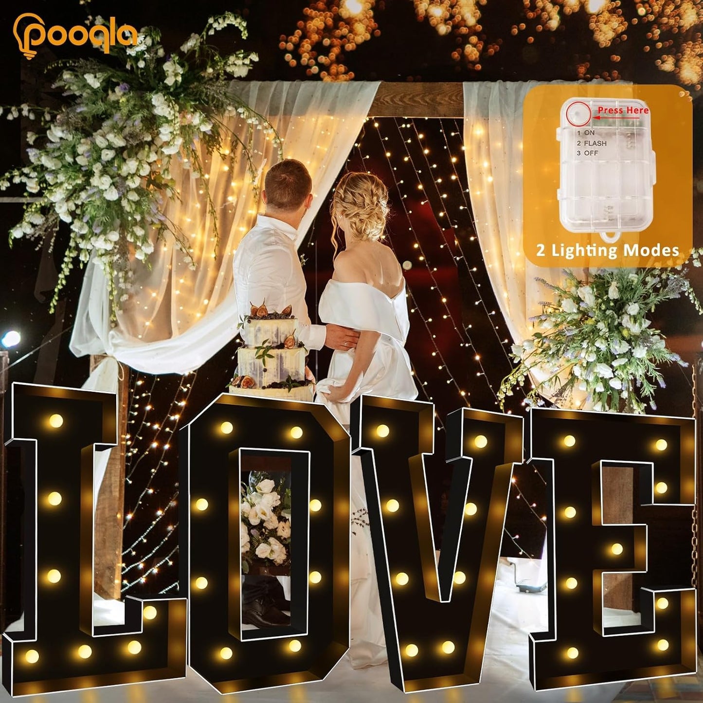 Pooqla 3 FT Marquee Light Up Letters, Black Marquee Letter Lights 3 Feet Tall, Giant LED Sign Big Mosaic Letters for Balloons Birthday Party Anniversary Wedding Decorations, Warm White E