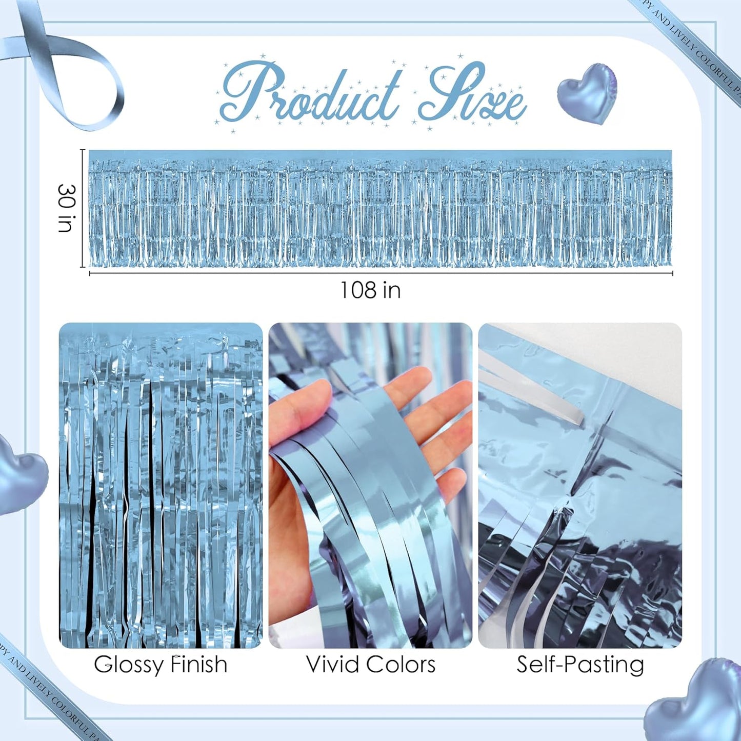 4 Pack Light Blue Table Skirts, 29x108" Metallic Foil Tinsel Fringe Table Skirts for Rectangle Tables Streamer Curtains Backdrop, Party Decorations for Birthdays Weddings Holidays