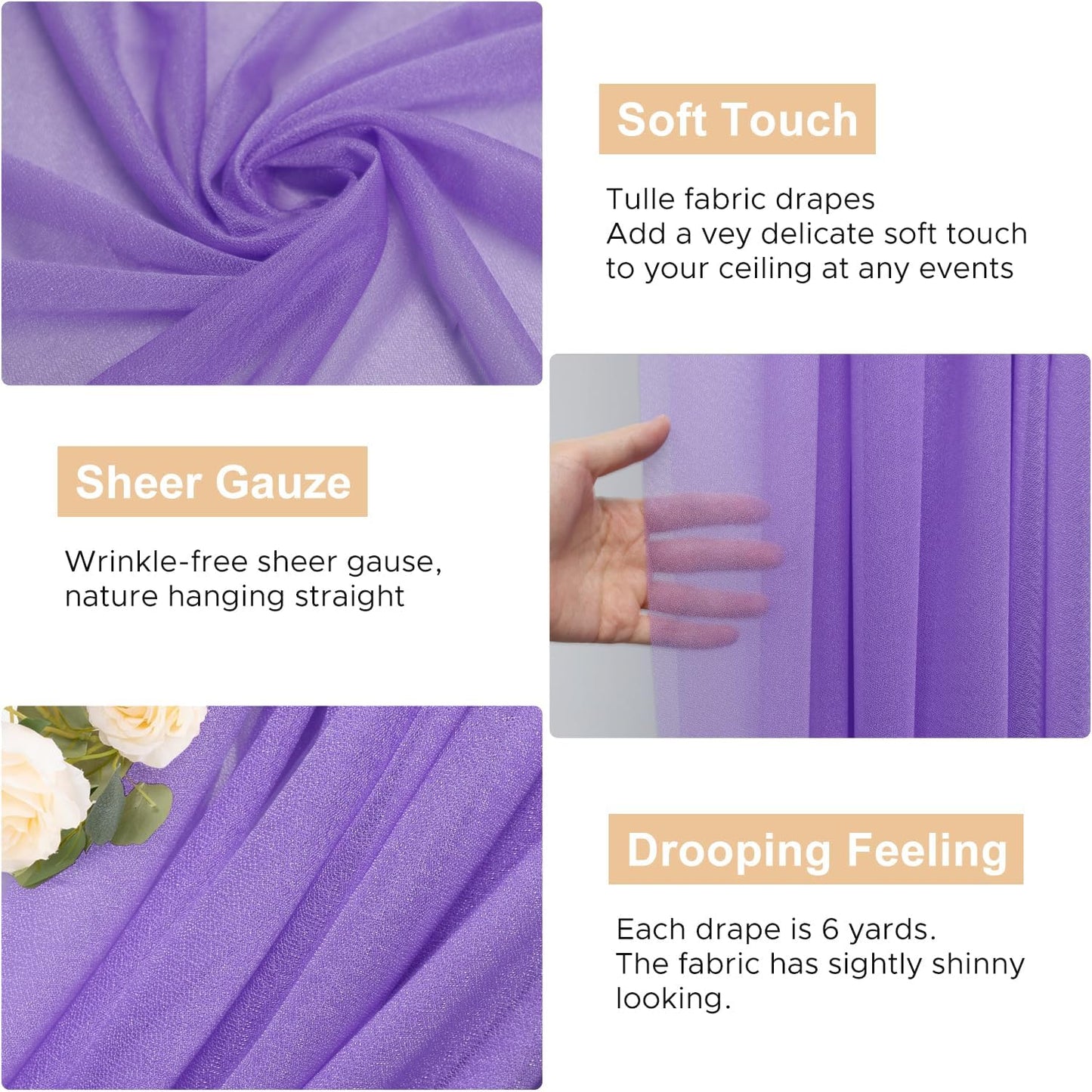 Wokceer Lavender Purple Wedding Arch Draping Fabric Backdrop 3 Panels 28.7" X 20FT Sheer Drapes Fabric for Wedding Arbor Ceremony Party