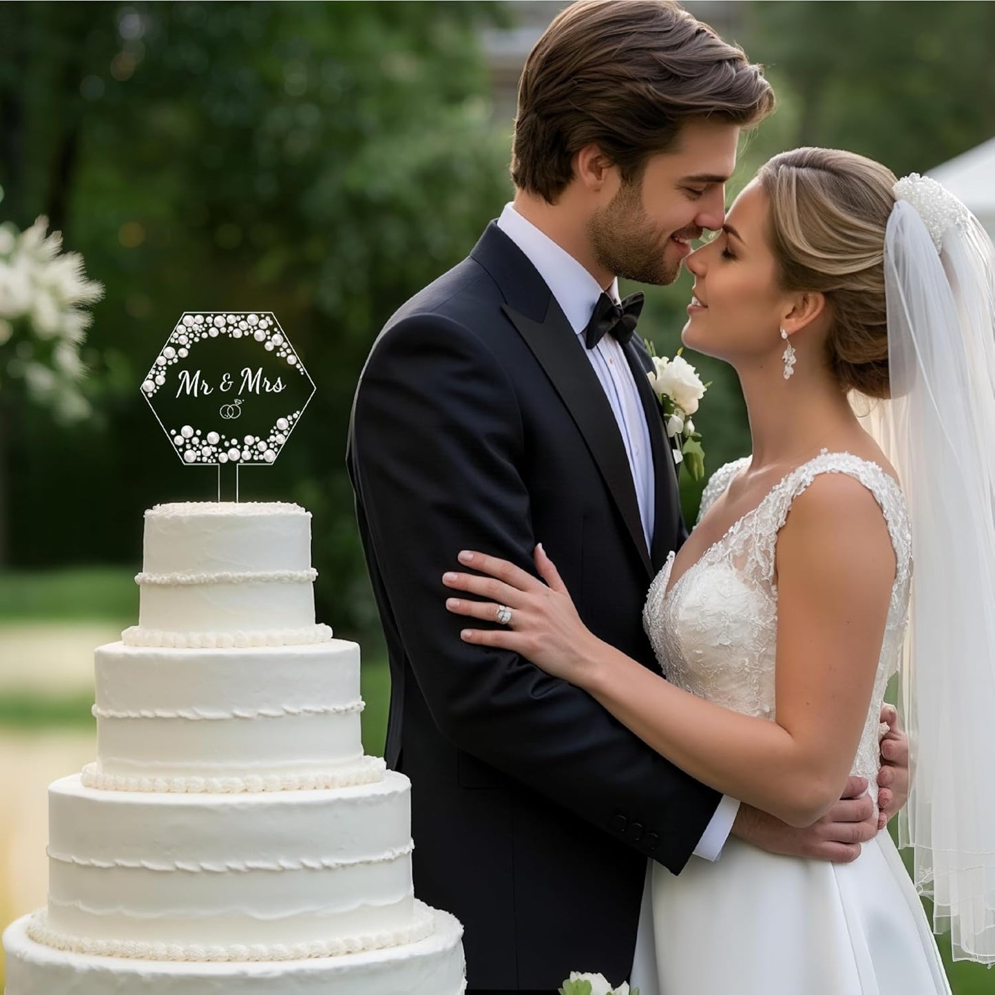 Coucoland Mr and Mrs Cake Topper - Hexagon Wedding Cake Decor with Rhinestones and Pearls for Engagement Bridal Anniversary