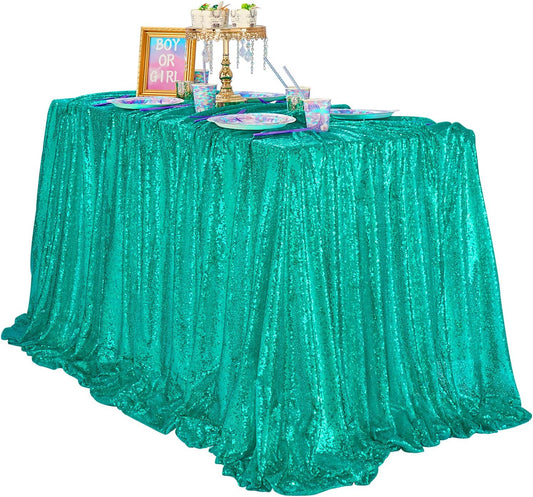 QueenDream Lake Green Tablecloth Party Decorations: Sequin Fabric Cover Drapes 60x102 Inch Tablecloth 16st Birthday Cake Table Mermaid Decor