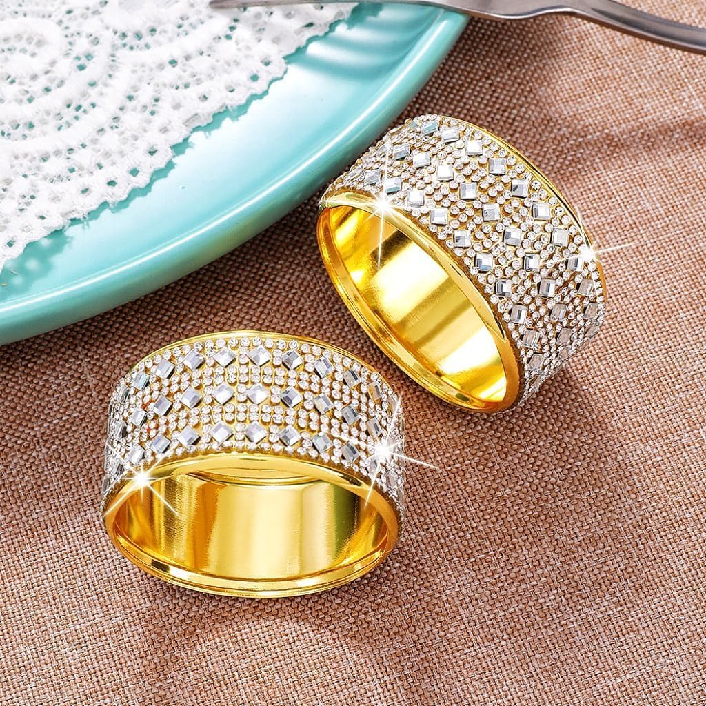 Rhinestone Napkin Ring Diamond Napkin Rings Stainless Steel Gold Crystal Napkin Holder Set of 6 for Dinner, Wedding, Party, Holiday, Banquet,Everyday Table Setting Home Decor (6, SilverGold)