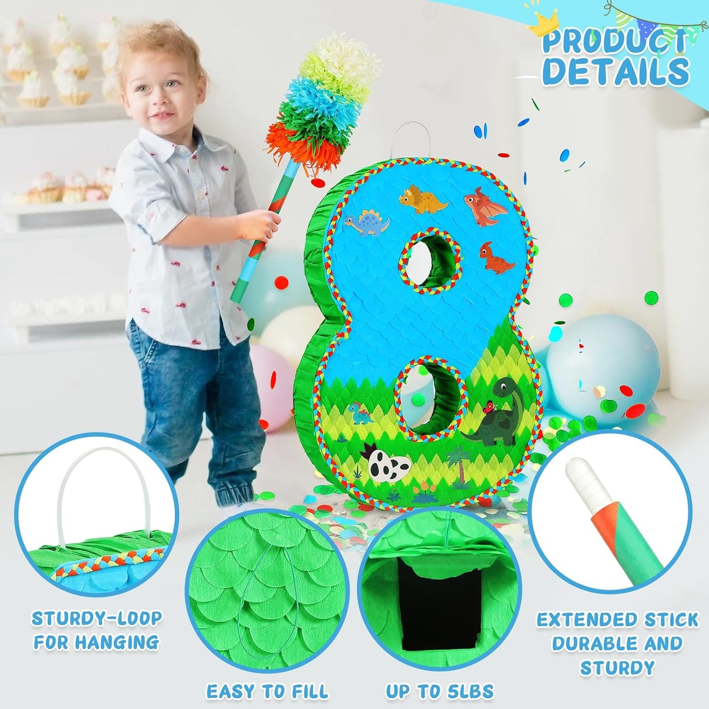 Number 8 Pinata for Birthday Party Decorations, Jungle Dinosaur Piñata Games Toy (8th)