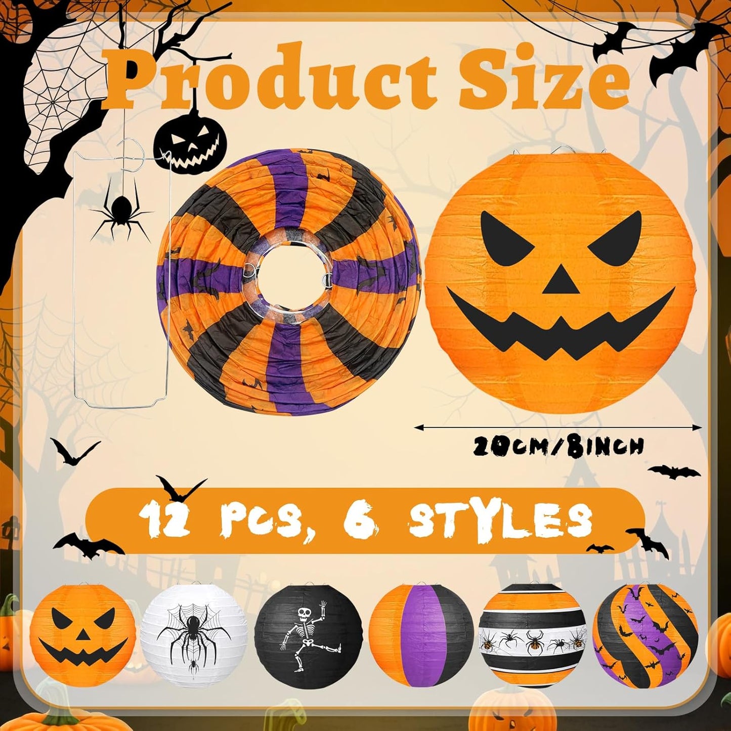ADLKGG Halloween Party Decorations, Black Orange Purple Hanging Spider Bat Pumpkin Skeleton Paper Lantern for Halloween Birthday Decorations, Trick-or-Treating Events, Wedding,Garden Home Decor, 12pcs
