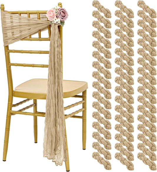 50 PCS Cheesecloth Chair Sashes, Bows Designed ChairSashes, 15.7x108 inch Chair Sashes for Aisle Decorations Universal Chairs Cover Decoration for Wedding Reception Party Banquet (Beige)
