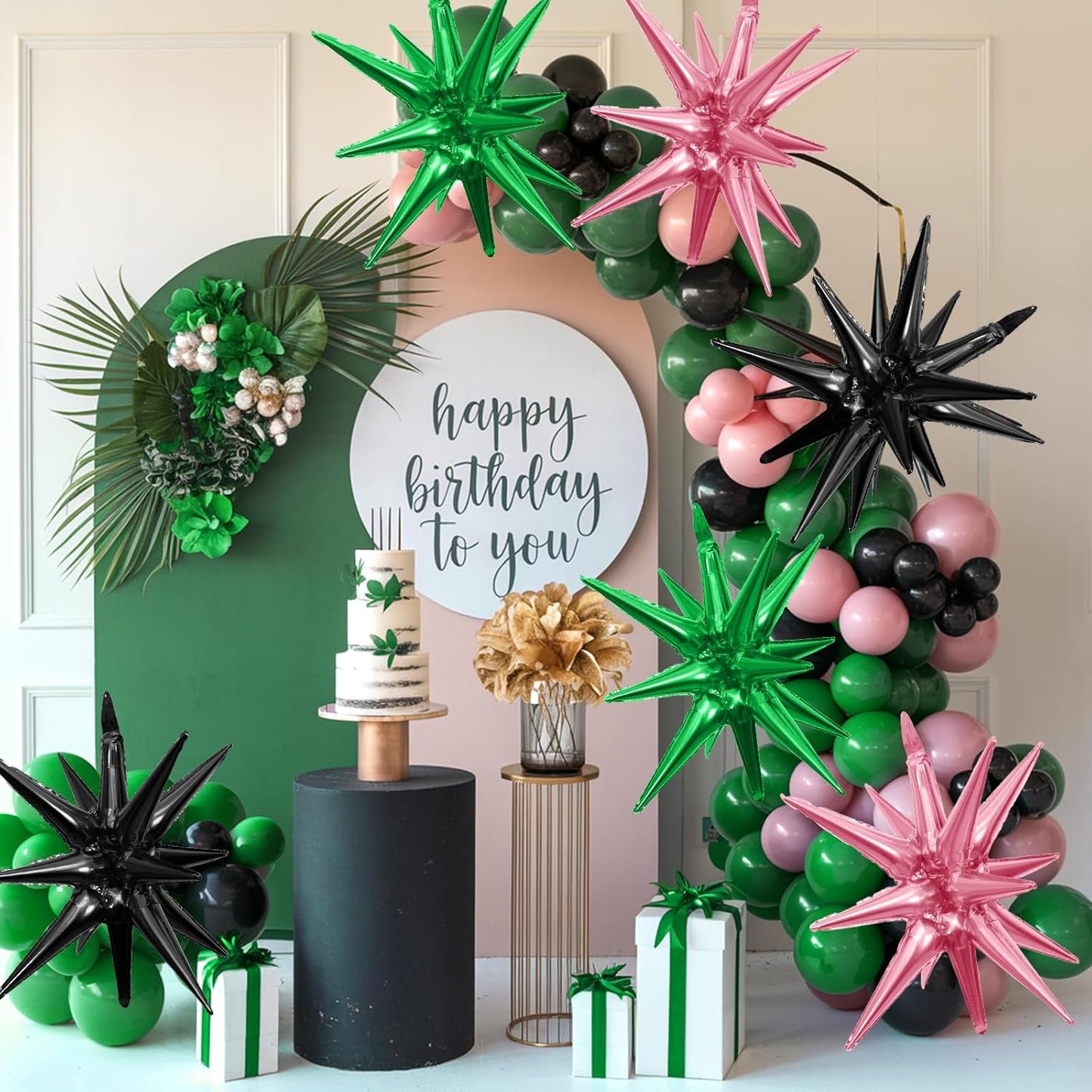 Pink Green Black Star Balloons,9Pcs 22Inch Pink Green Explosion Spike Cone Helium Polyester Film Star Foil Balloons for Witch Birthday Anniversary Disco Party Decorations
