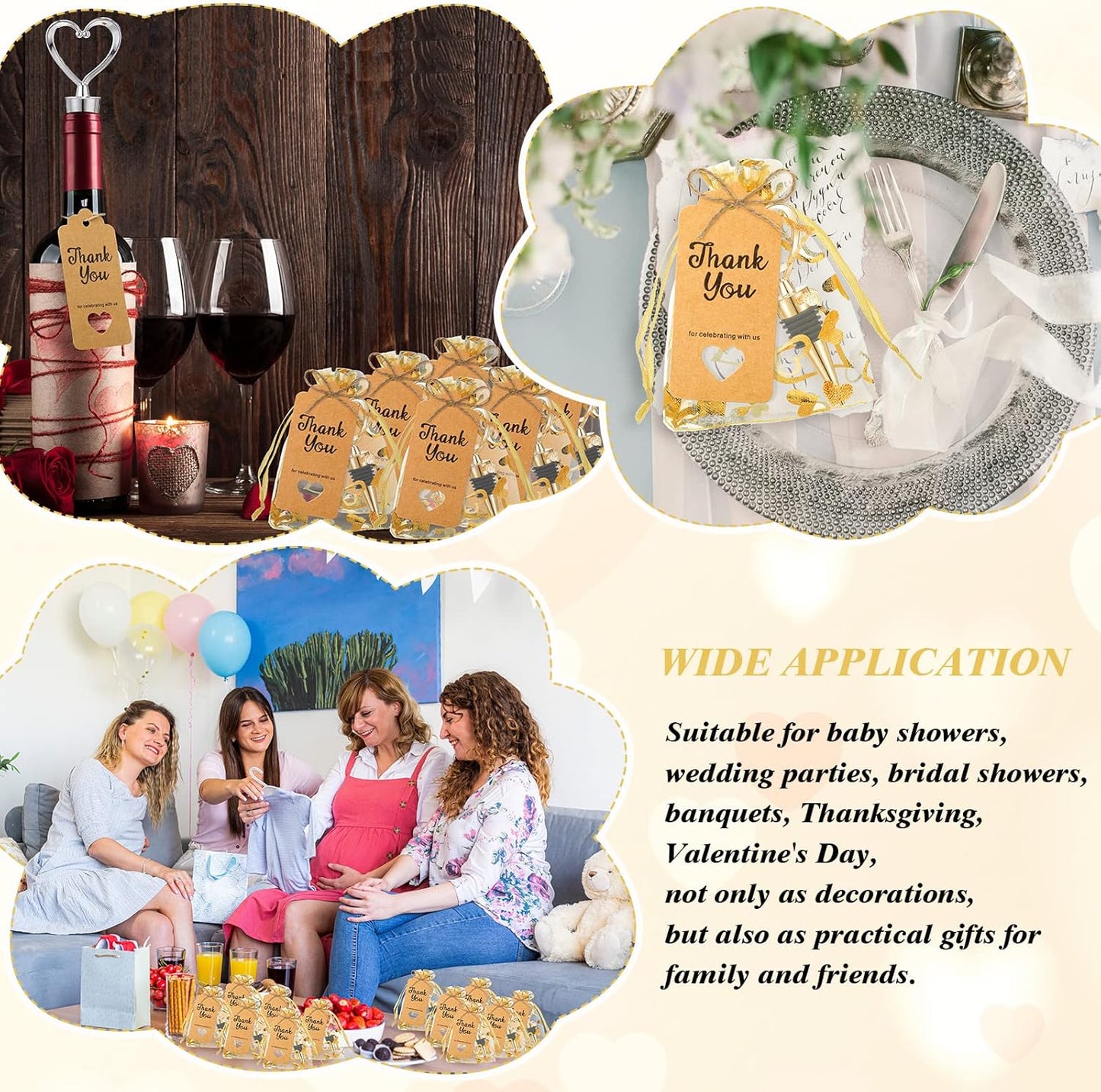 Buryeah 24 Set Wedding Heart Shaped Wine Stopper Party Favors Bulk Beverage Bottle Stopper Wine Cork Love Design Souvenirs for Guest with Sheer Bag Labels Rope Gift for Engagement Bridal Shower, Gold