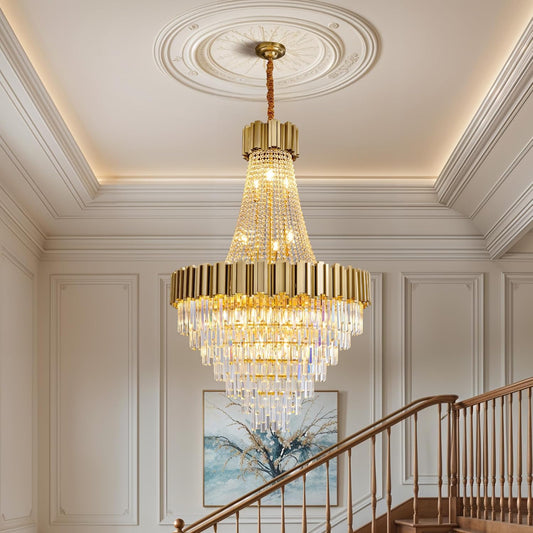 54" Luxury Long Crystal Chandelier for High Ceilings, 21-Light Modern Gold Large Chandeliers for Staircase, Foyer, Entryway, Living Room, Hallway, Contemporary K9 Crystal Tiered Chandelier