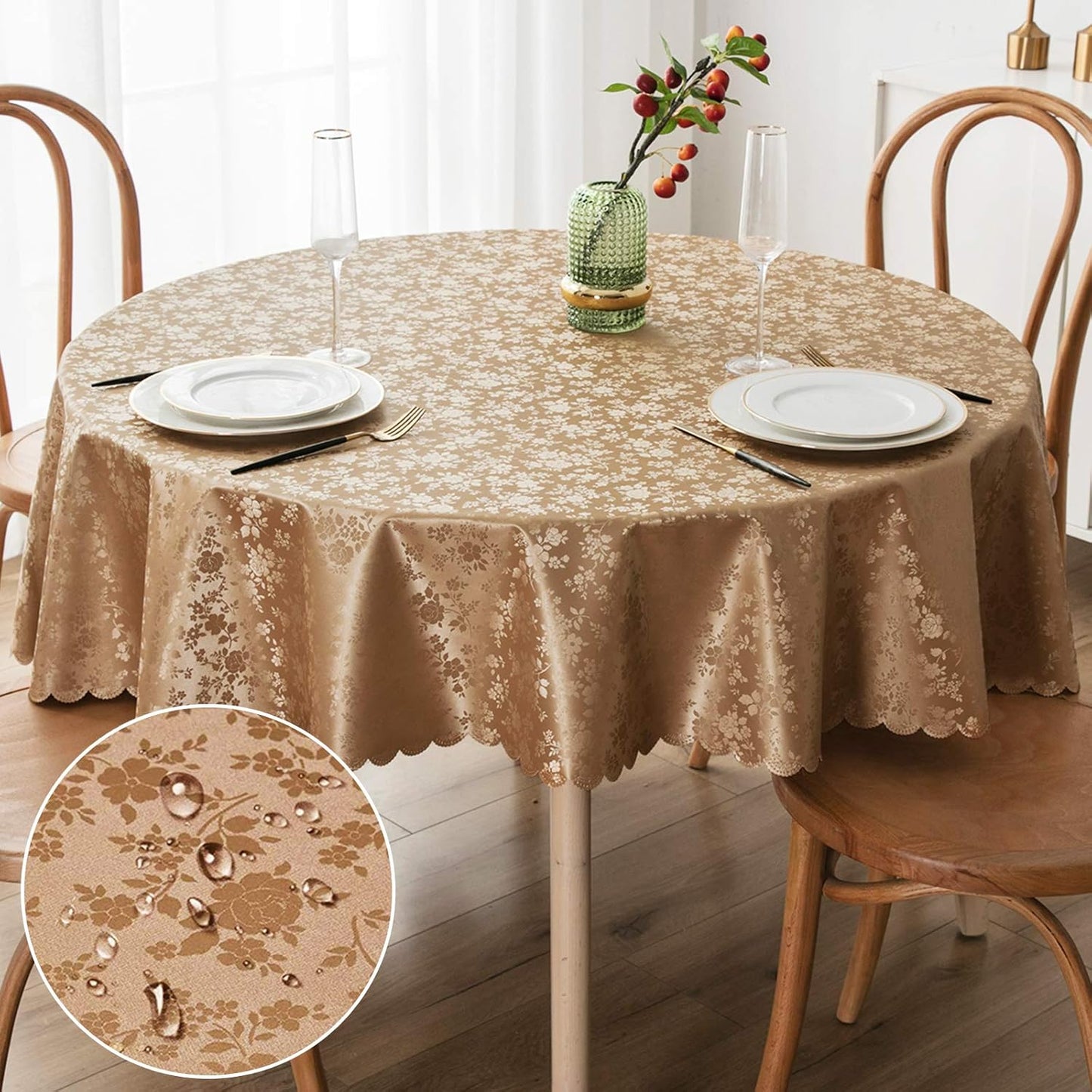Smiry Round Table Cloth, Waterproof Heavy Duty Vinyl Tablecloths, Wipeable Washable Table Cover for Kitchen and Dining Room (Brown, 60" Round)