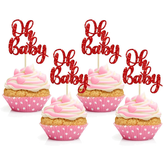 Gyufise 36Pcs Oh Baby Cupcake Toppers Glitter Baby Shower Cupcake Picks for Gender Reveal Baby Shower Kids Boys Girls Birthday Party Cake Decorations Supplies Red