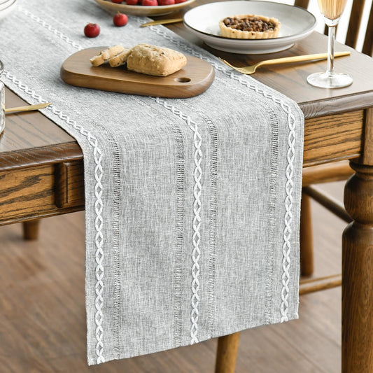 Artoid Mode Grey Rustic Cotton Linen Table Runner, Seasonal Embroidered Hollow Kitchen Dining Table Decoration for Home Party Decor 13x90 Inch