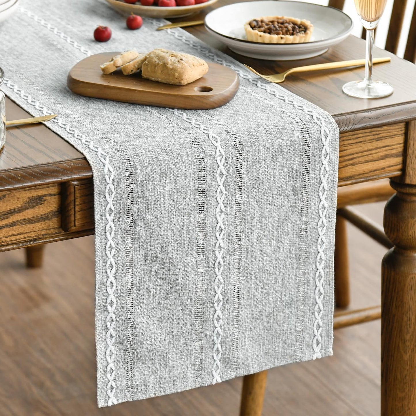 Artoid Mode Grey Rustic Cotton Linen Table Runner, Seasonal Embroidered Hollow Kitchen Dining Table Decoration for Home Party Decor 13x36 Inch