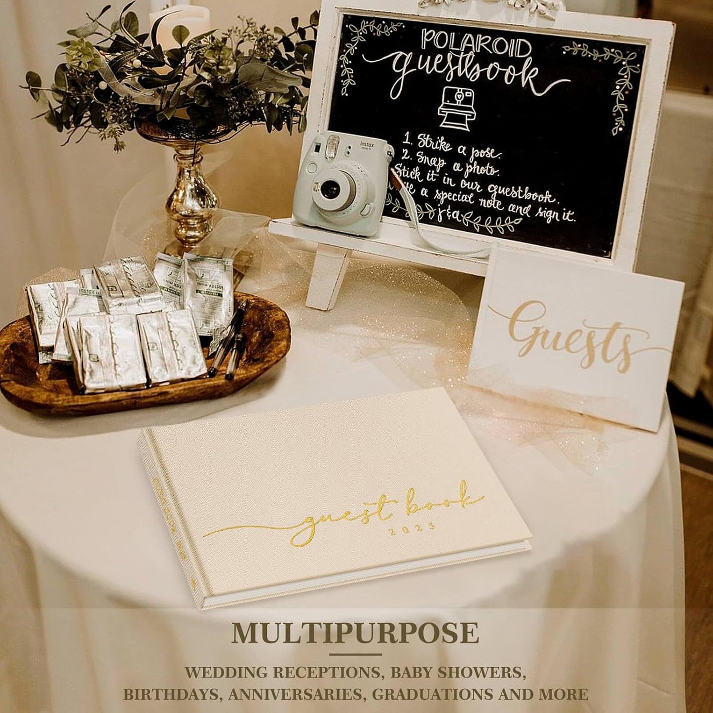 Lanpn Wedding Guest Book 2025 - Linen Hardcover Polaroid Guestbook Wedding Reception with 108 Blank Pages for Sign in and Photos - Guest Book for Wedding Bridal Shower Baby Shower Party (Blue)