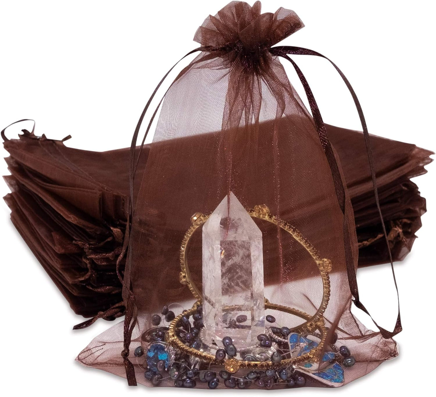 TheDisplayGuys 48-Pack 6x8 Brown Sheer Organza Gift Bags with Drawstring, Jewelry Candy Treat Wedding Party Favors Mesh Pouch