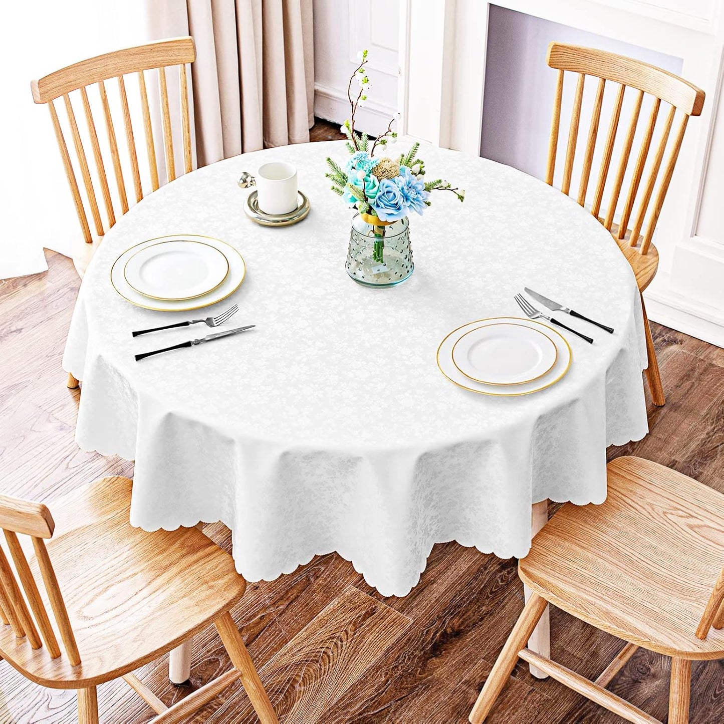 Smiry Round Table Cloth, Waterproof Heavy Duty Vinyl Tablecloths, Wipeable Washable Table Cover for Kitchen and Dining Room (White, 60" Round)