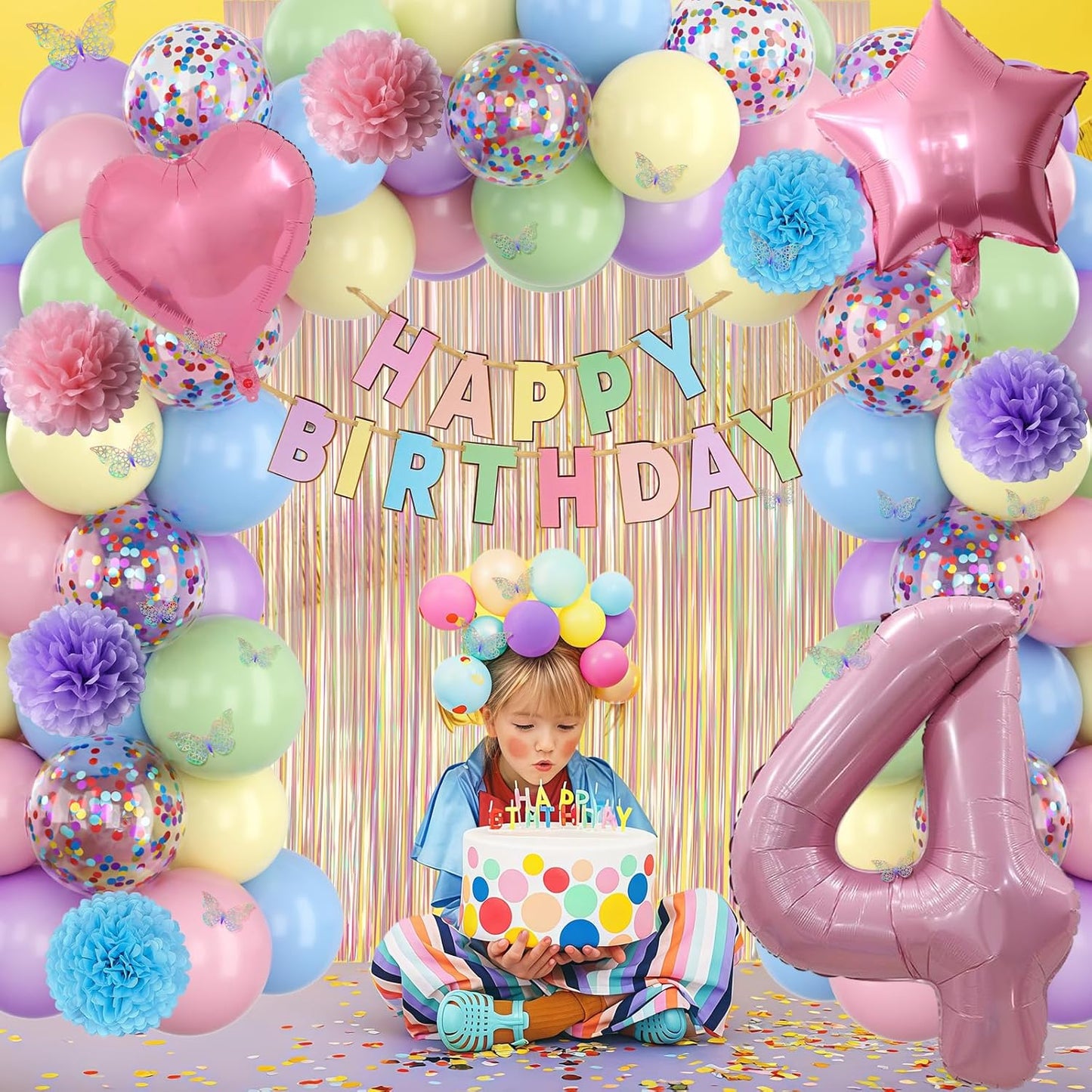 Pastel 4th Birthday Party Decorations for Girls Number 4 Balloon Happy Birthday Banner Butterfly Stickers Fringe Curtain Paper Pom Poms Macaron Pink Star Heart Foil Colorful Balloons 4 Year Old Decor