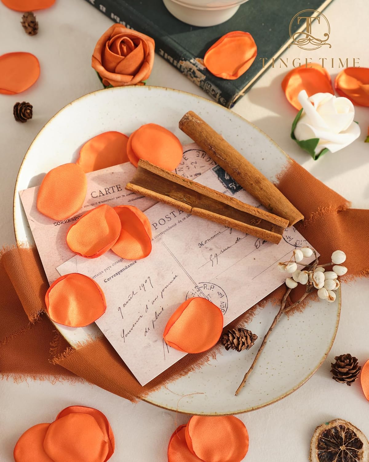 TINGE TIME Silk Flowers: 200pcs Rose Petals for Wedding, Decoration, Bridal Showers, Flower Girl Petals for Anniversaries & Parties (Burnt Orange)