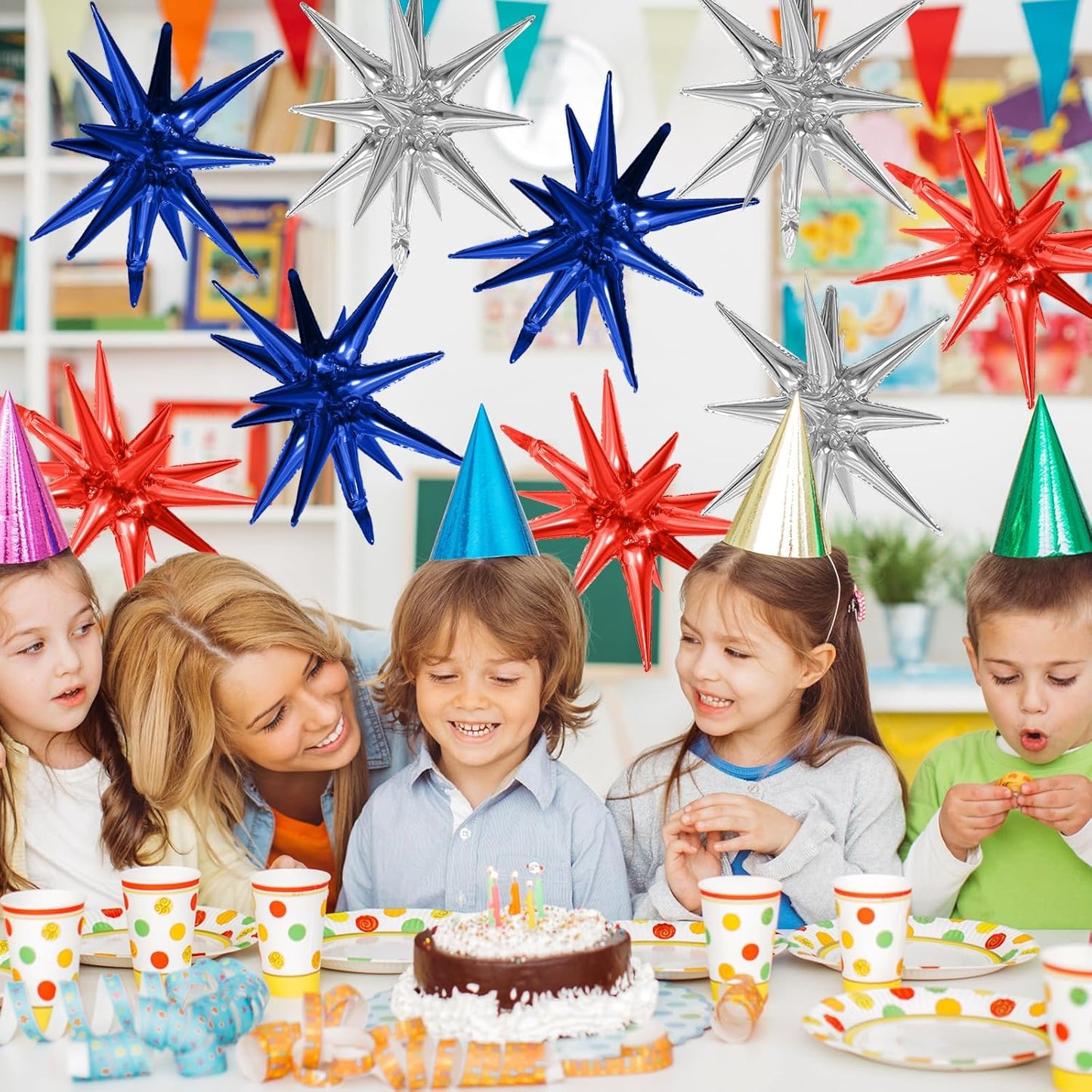 Red Blue Silver Star Balloons,9Pcs 22Inch Blue Red Silver Explosion Spike Cone Helium Polyester Film Star Foil Balloons for Birthday Anniversary Baby Shower 4th of July Disco Party Decorations